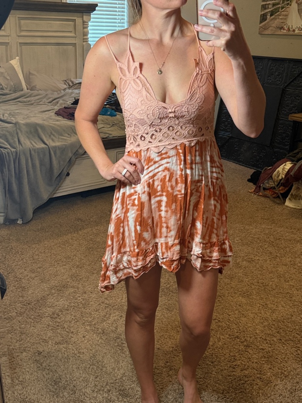 Pink Crochet Bodice Tie-Dye Mini Dress